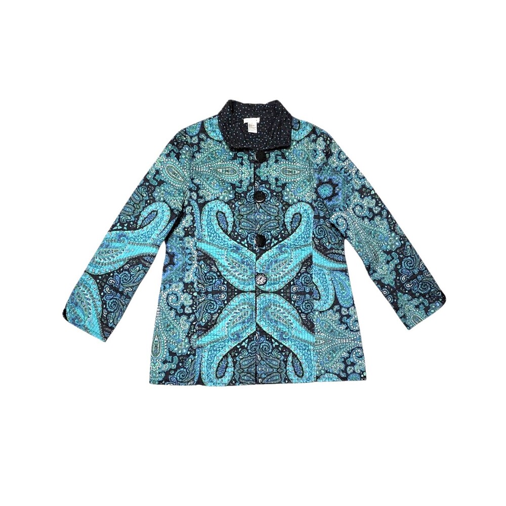 PATTY KIM Women's Jacket Blue Multi Paisley Polka Dot Reversible Sz Large Coat - Picture 3 of 12